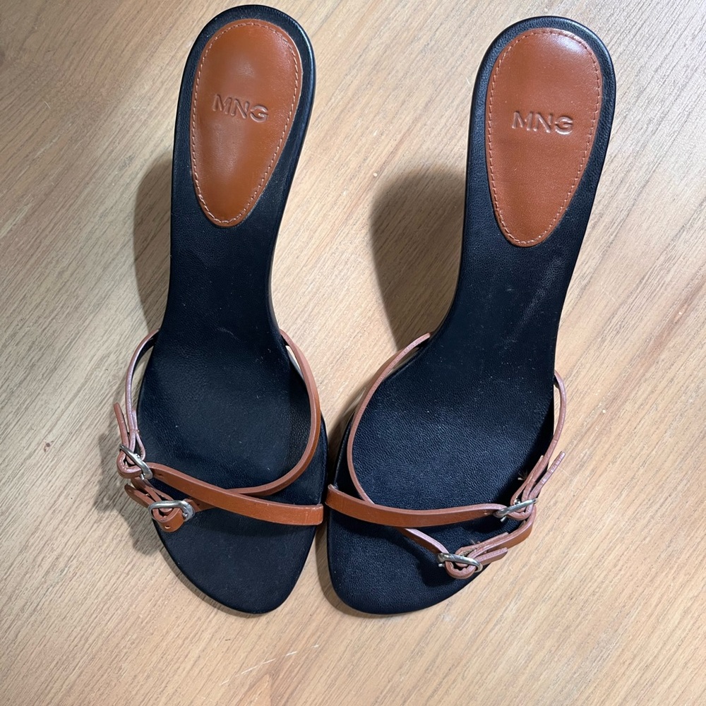 Mango Black and Brown Slide Sandals with Elegant Trim